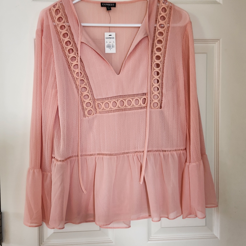 Express Women's Pink Crochet-Trim Peasant Blouse
